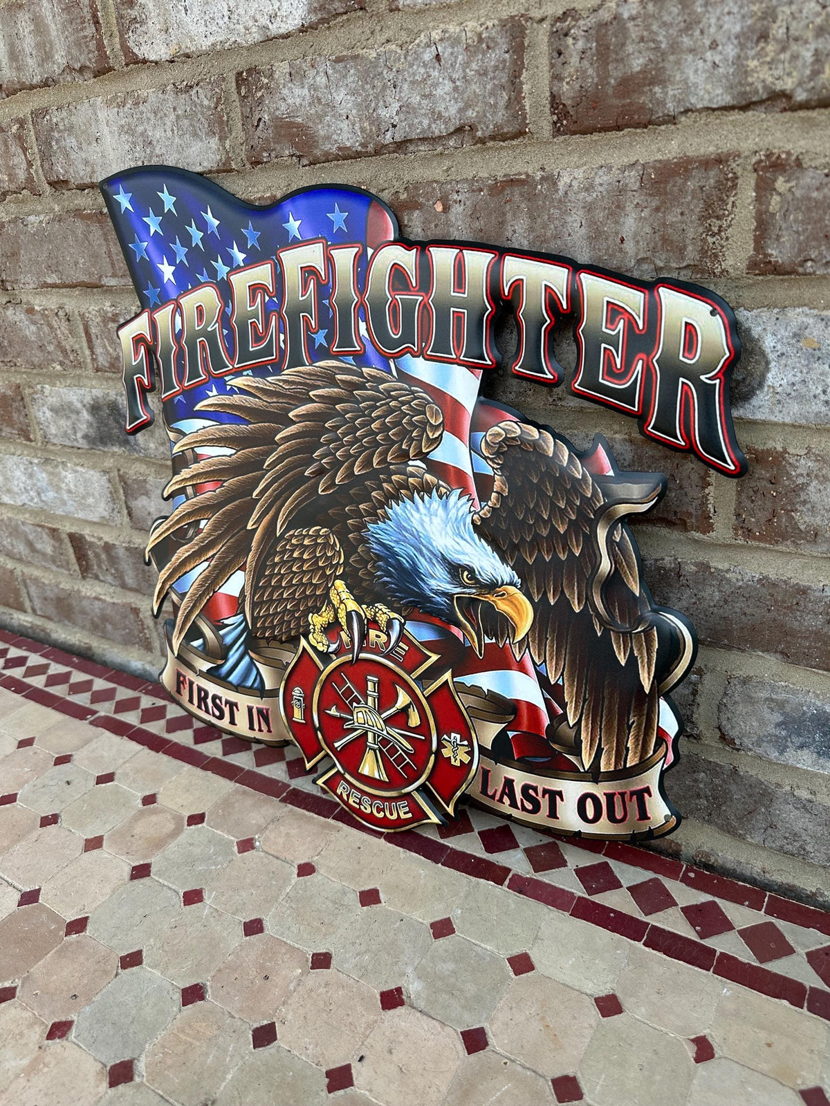 Metal Firefighter Bald Eagle Wall Art - First In Last Out