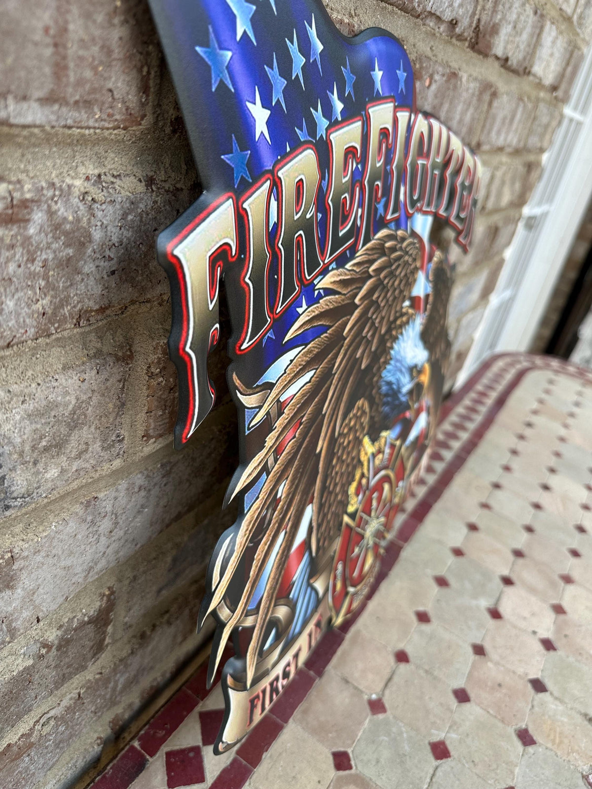 Metal Firefighter Bald Eagle Wall Art - First In Last Out