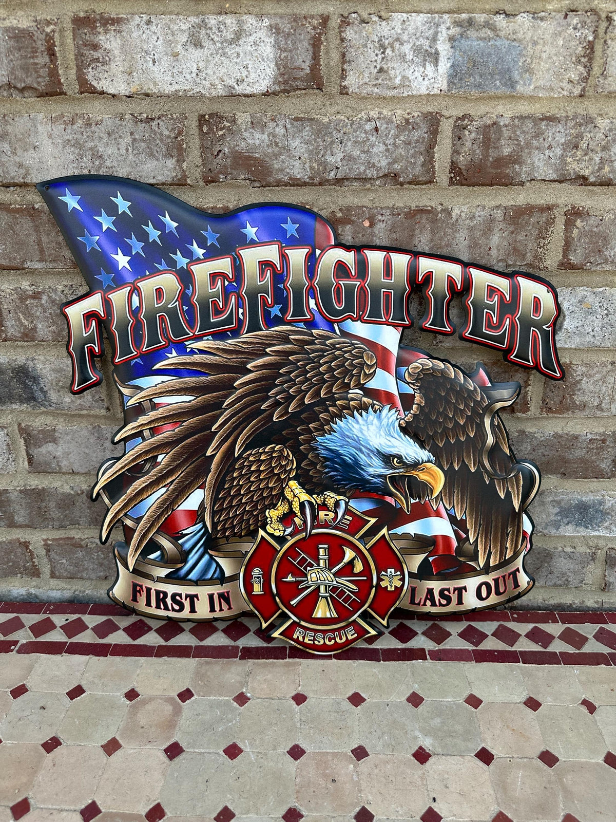 Metal Firefighter Bald Eagle Wall Art - First In Last Out