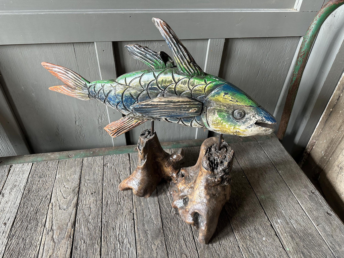 Large Hand-Carved Wooden Fish Statue Sculpture Rustic Chic Art Beach Lake House