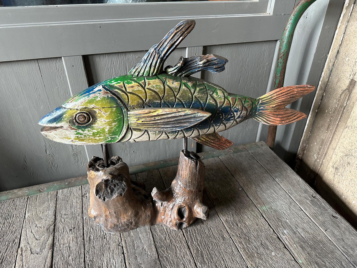 Large Hand-Carved Wooden Fish Statue Sculpture Rustic Chic Art Beach Lake House