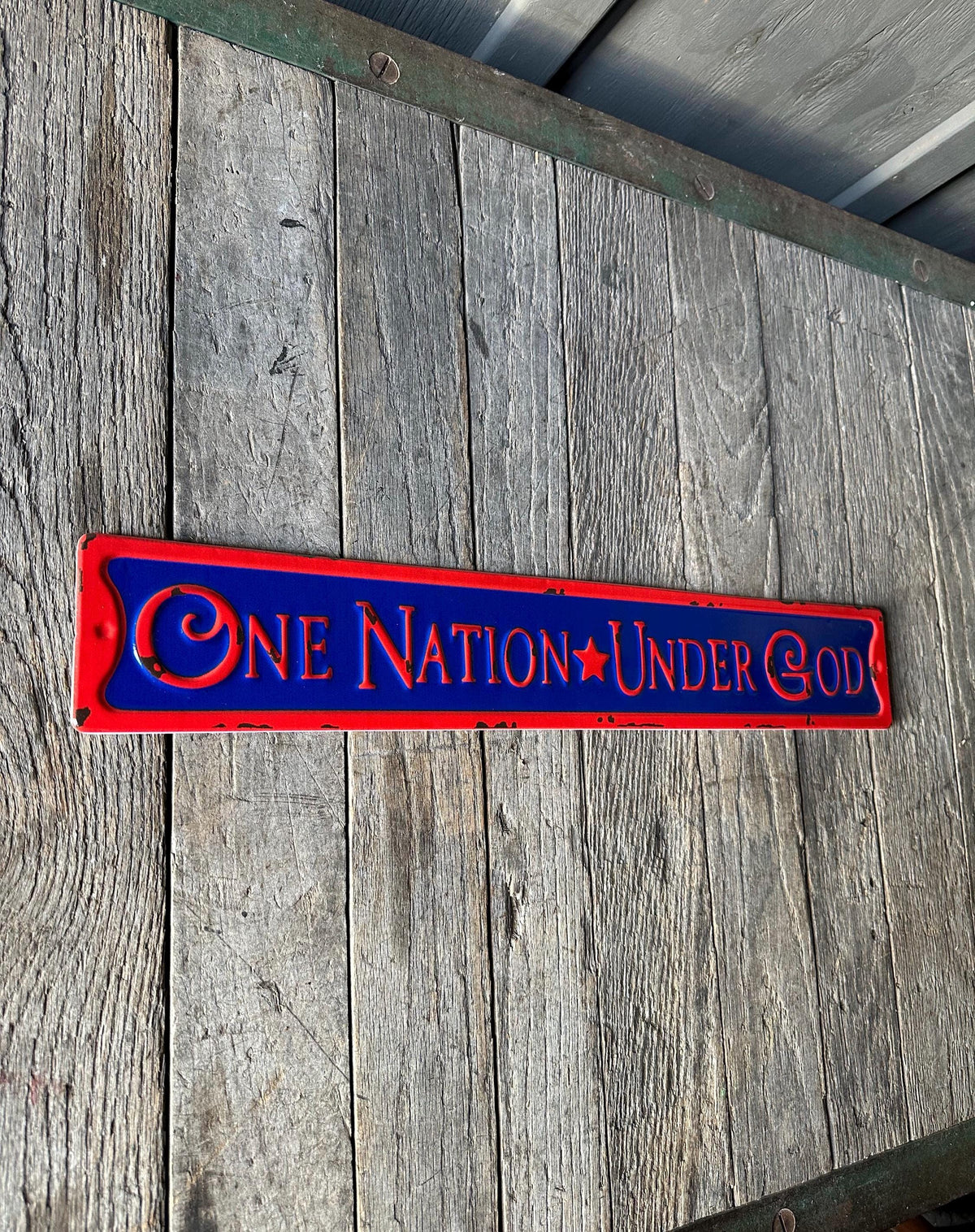 "One Nation Under God" Embossed Rustic Metal Sign