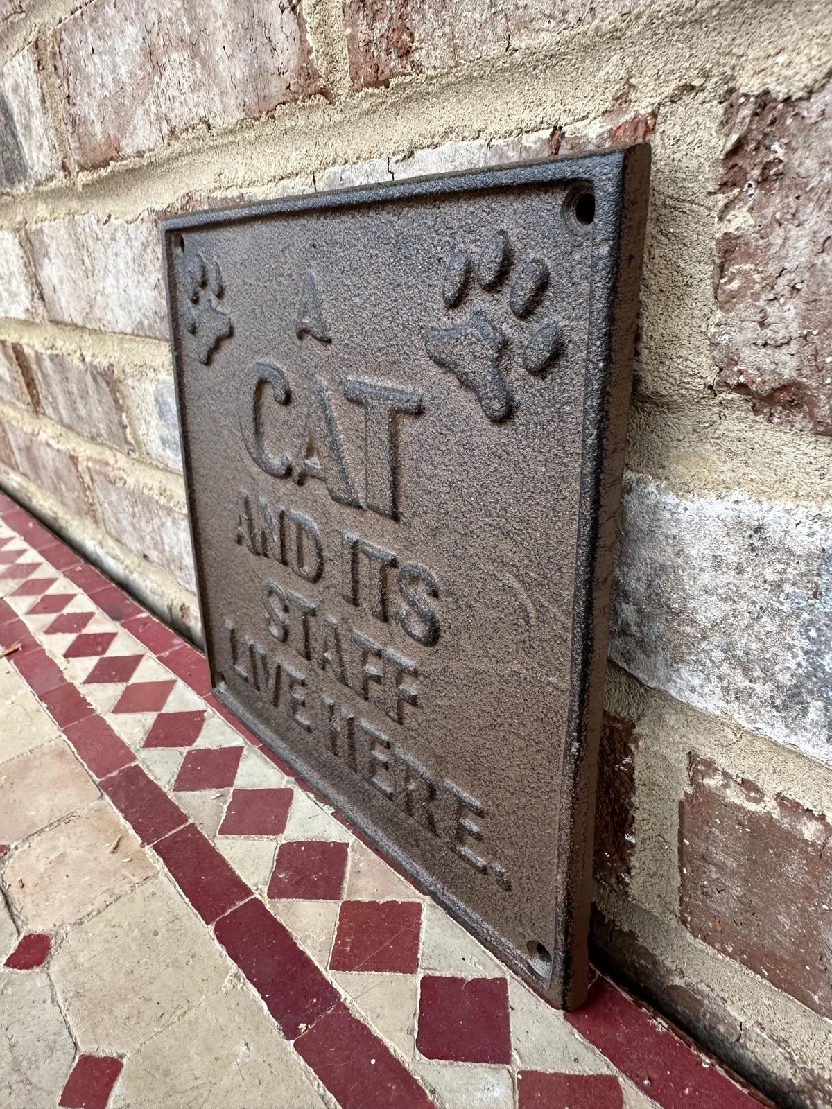 Cat And Its Staff Live Here 8”x8” Large Cast Iron Plaque Wall Art