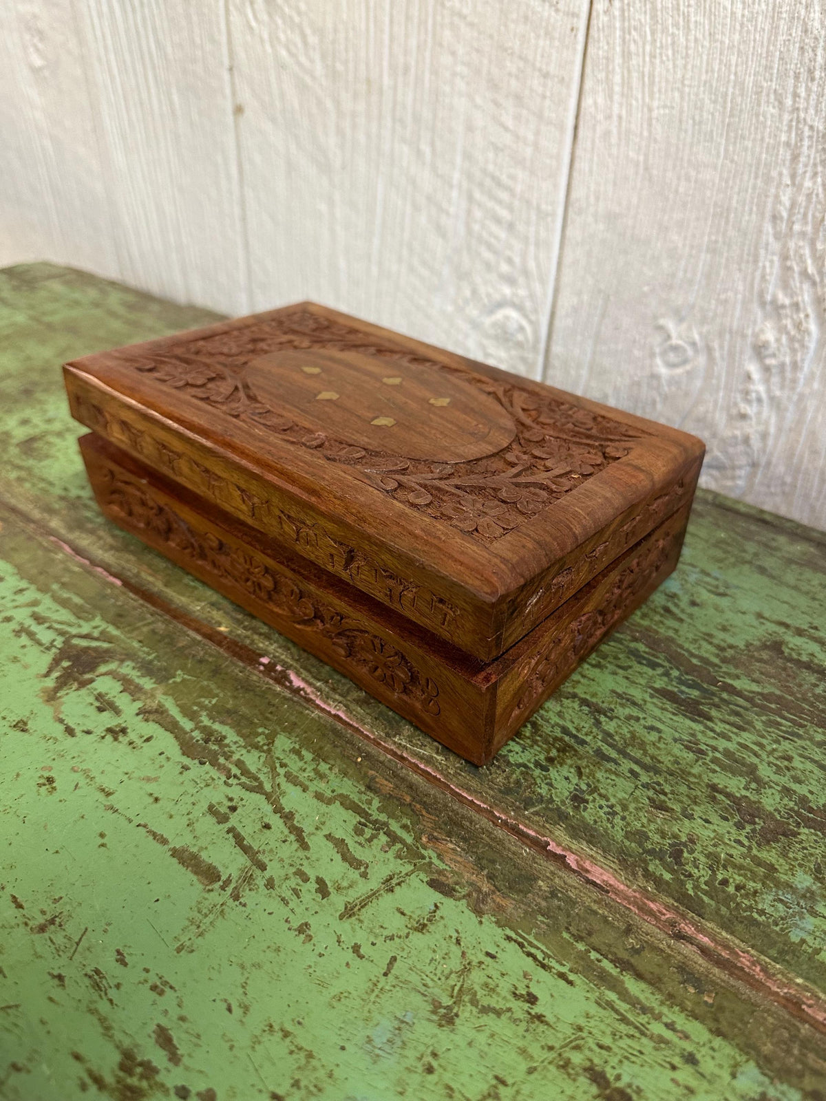 Hand-Carved Brass Inlaid 8”x5” Wooden Trinket Box