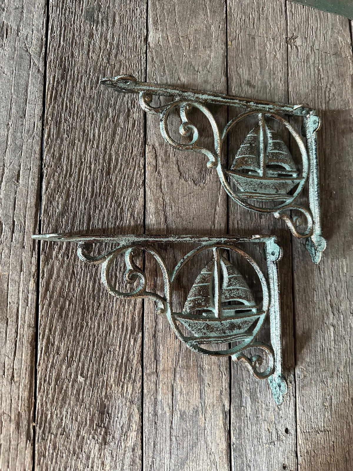 Set Of 2 Verdigris Green Cast Iron Sailboat Brackets
