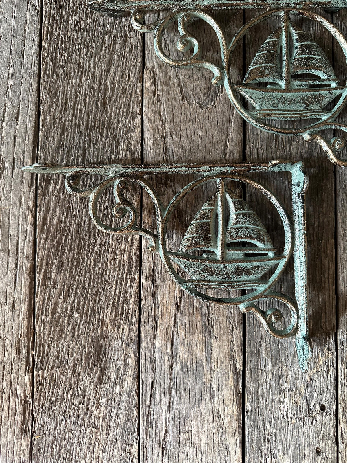 Set Of 2 Verdigris Green Cast Iron Sailboat Brackets