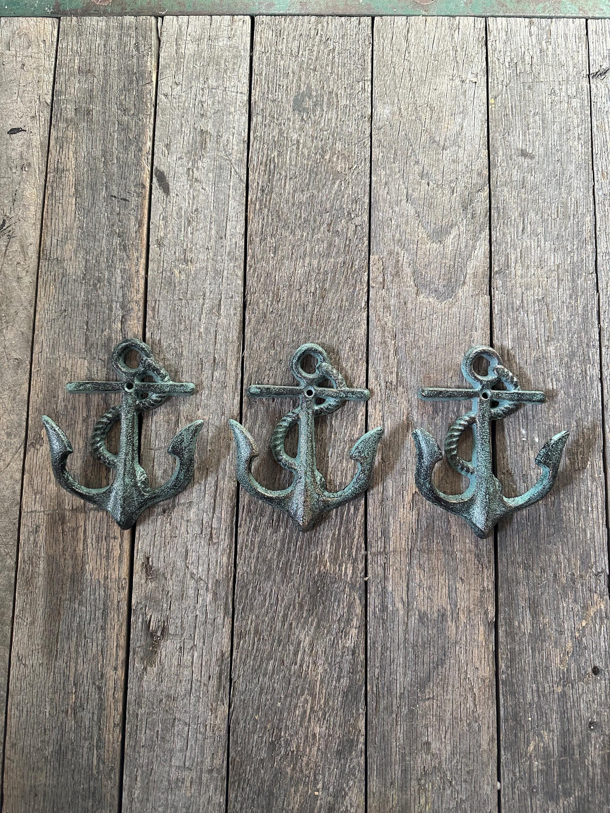 Set Of 3 Cast Iron Anchor Hanger Hooks - Beach Nautical Room Holder Towel Hat Key Coat Rack Double