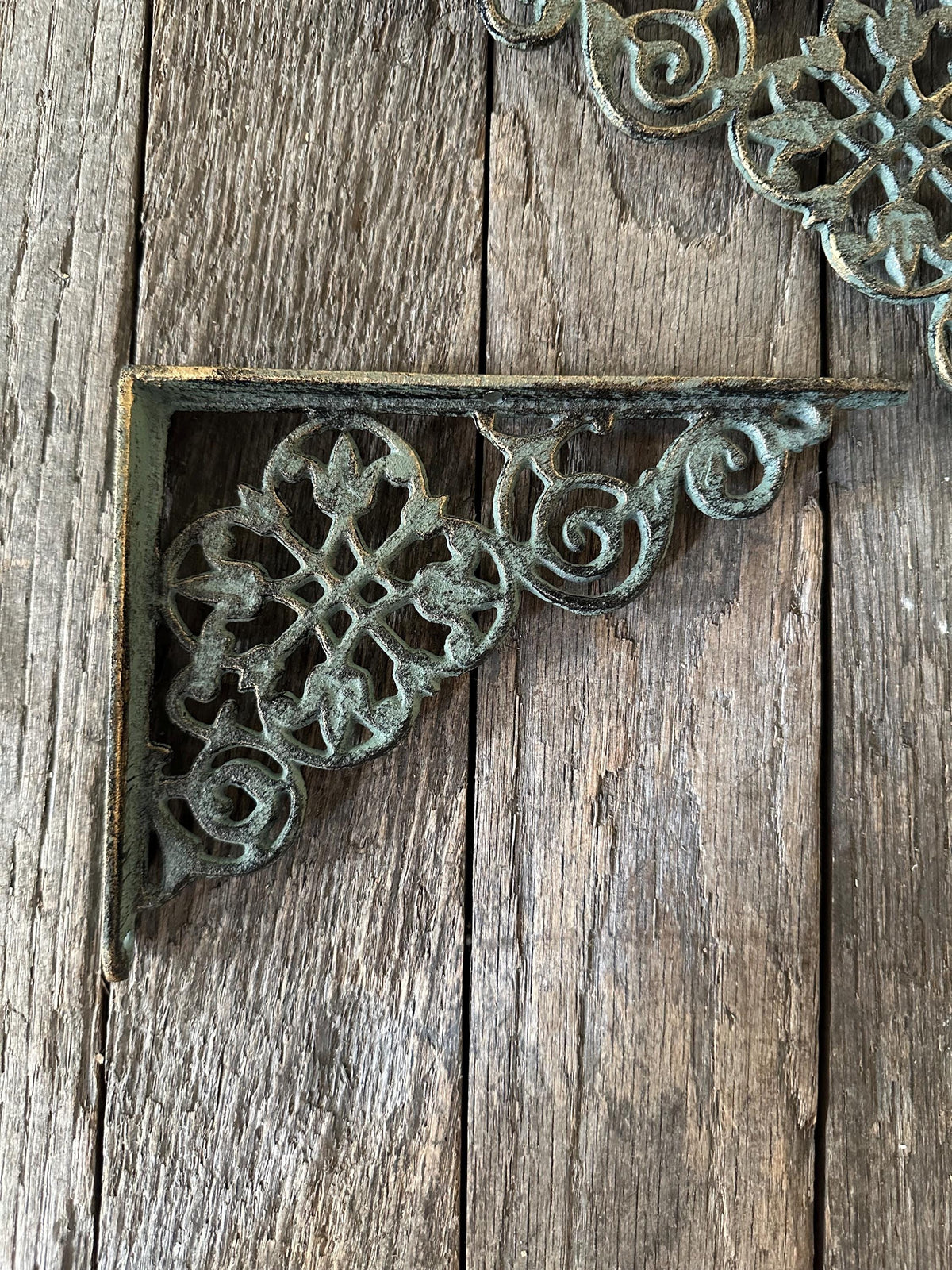 Set Of 2 - Verdigris Green Brackets With Tulip Motif Flower Floral Brace