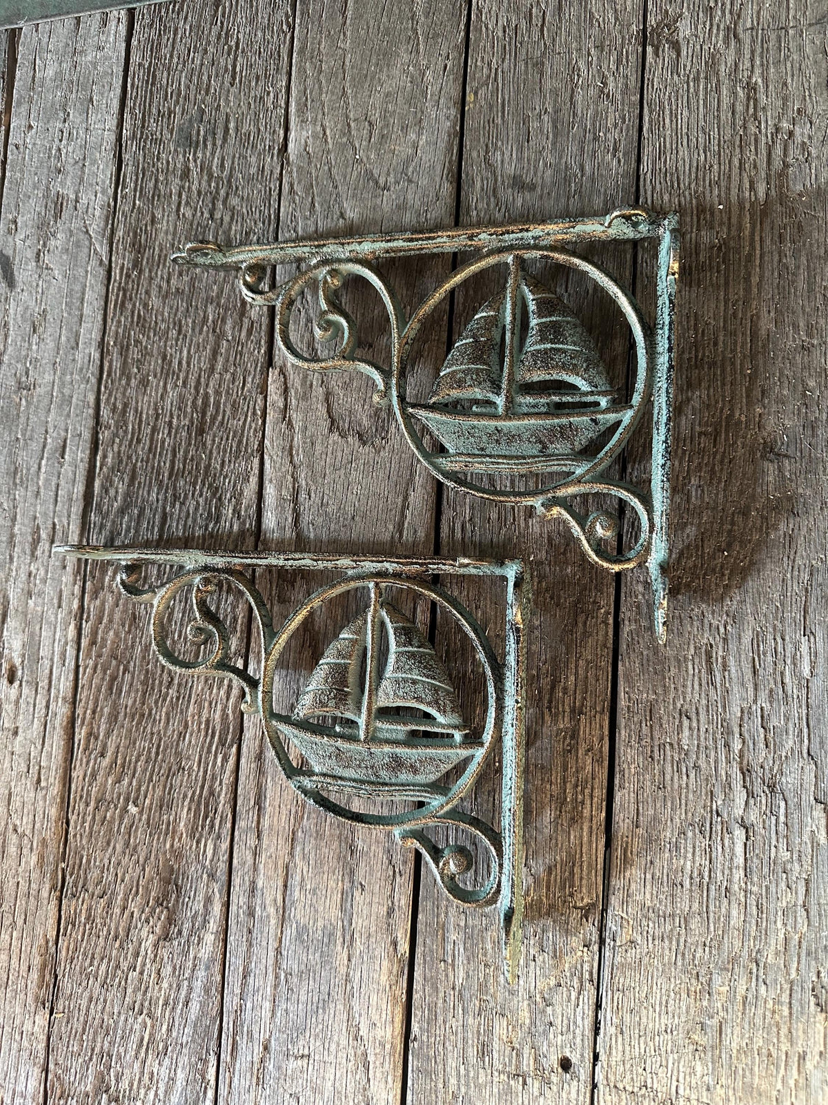 Set Of 2 Verdigris Green Cast Iron Sailboat Brackets