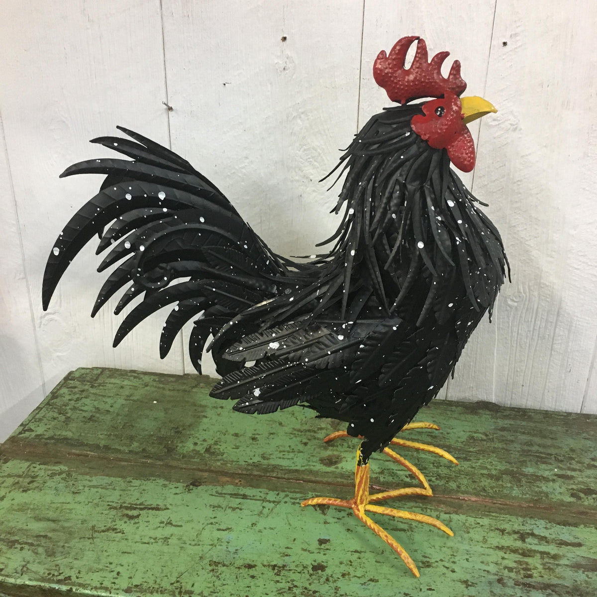 Beautiful Full-Size Black & White Spotted 19” Metal Rooster Statue Garden Art Yard Chicken