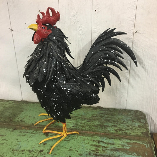 Beautiful Full-Size Black & White Spotted 19” Metal Rooster Statue Garden Art Yard Chicken