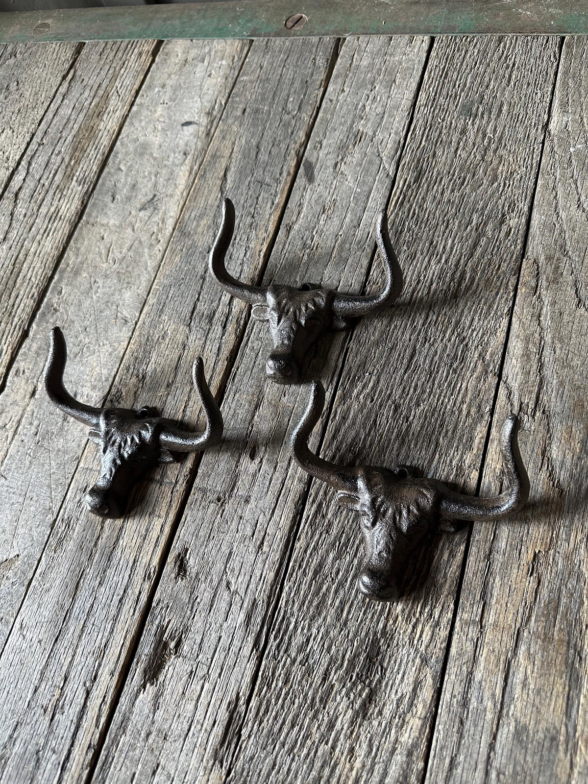 Set Of 3 - Cast Iron Long Horn Bull Wall Hook - Rustic Western Ranch Decor Entryway Towel Key Hanger