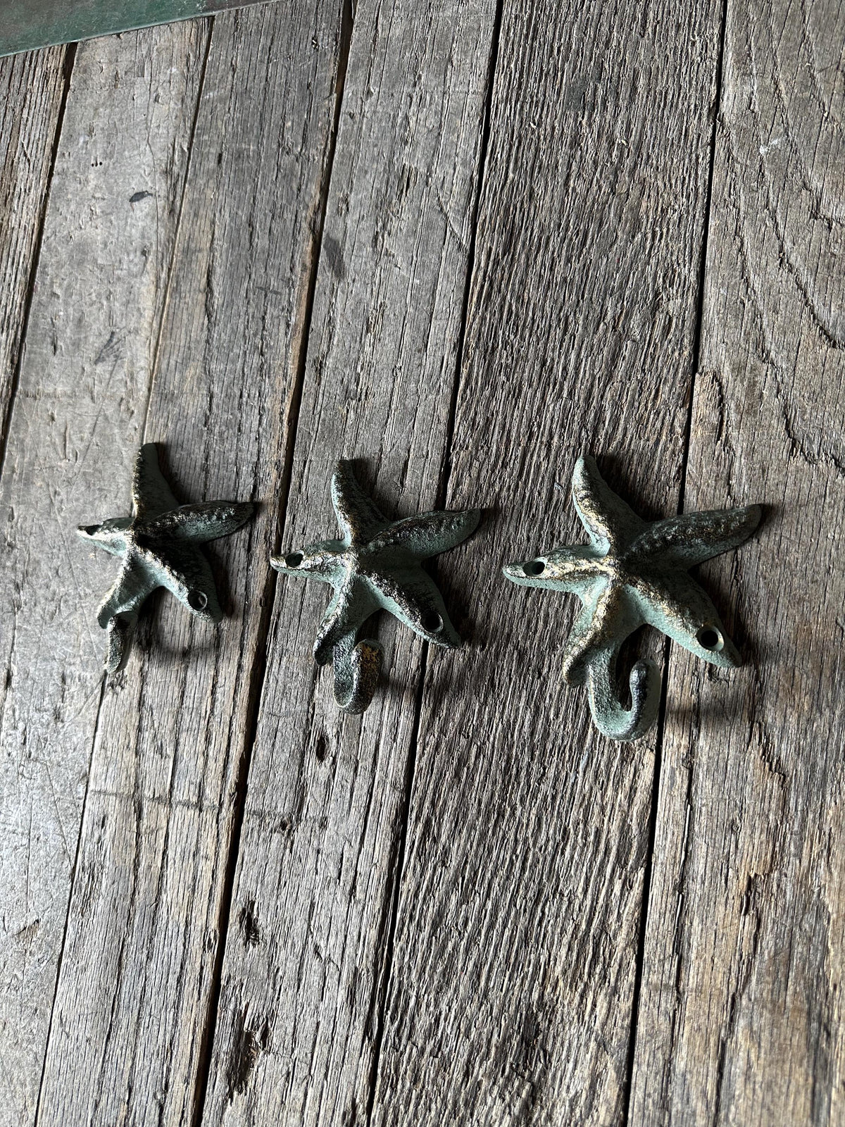 Set Of 3 - Cast Iron Starfish Wall Hook - Beach House Rustic Cabin Decor Entryway Towel Key Hanger