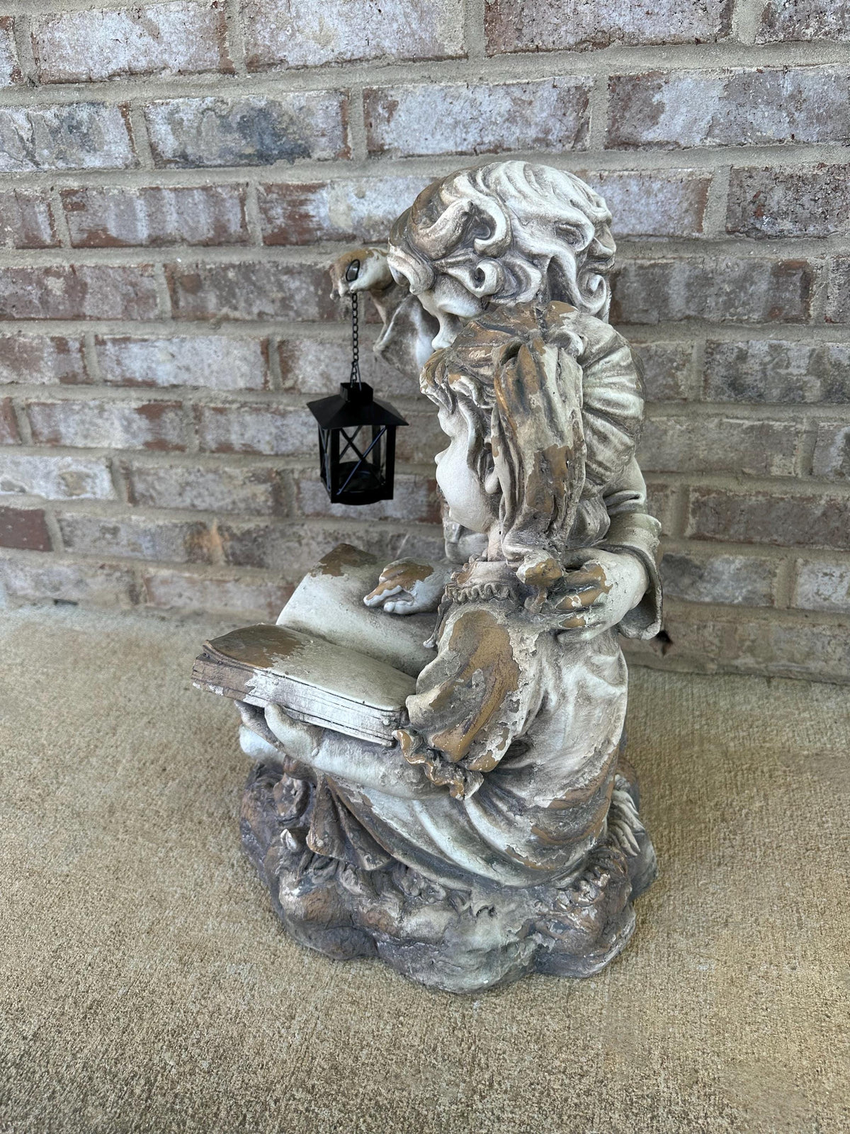 Large Stone Style Boy & Girl Holding Lantern Garden Art Statue