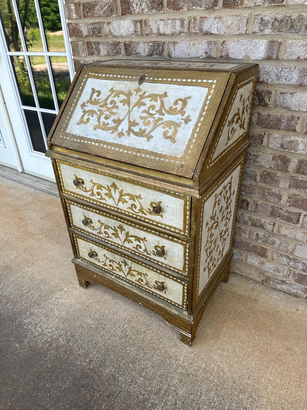 Vintage Italian Florentine Gold Drop Front Chest Secretary Furniture Hollywood Regency