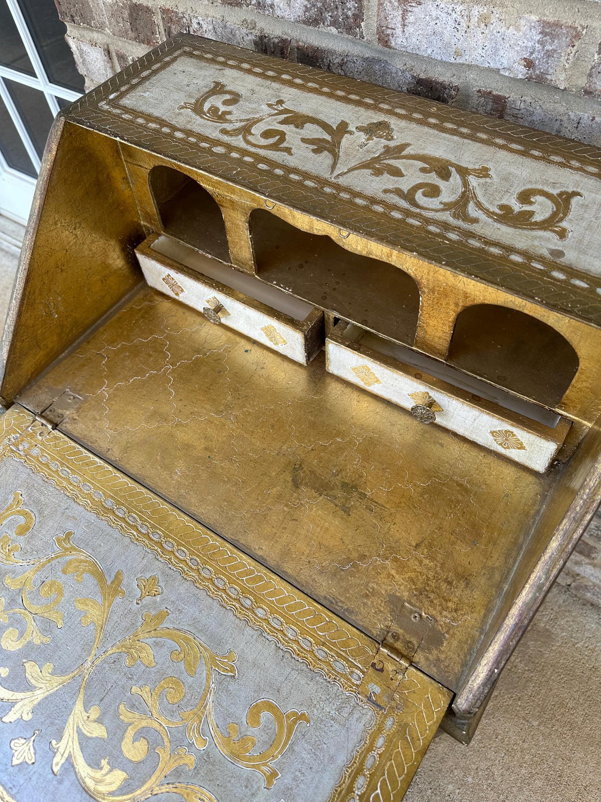 Vintage Italian Florentine Gold Drop Front Chest Secretary Furniture Hollywood Regency