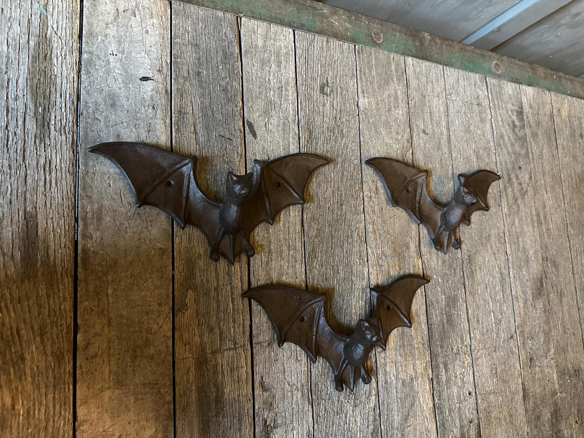 Set Of 3 Large Cast Iron Bat Hanger Hooks Life-Size Spooky Gothic