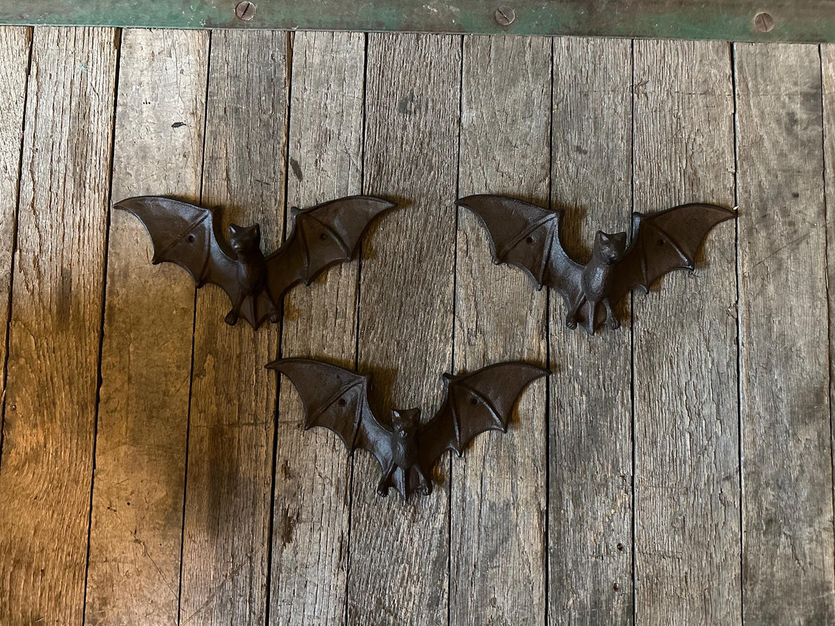 Set Of 3 Large Cast Iron Bat Hanger Hooks Life-Size Spooky Gothic