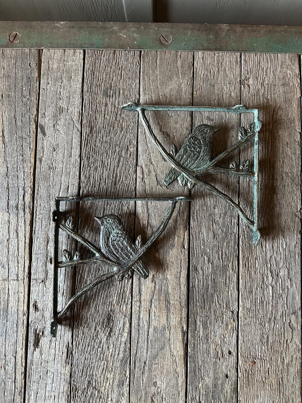 Set Of 2 - Cast Iron Verdigris Green Bird Brackets