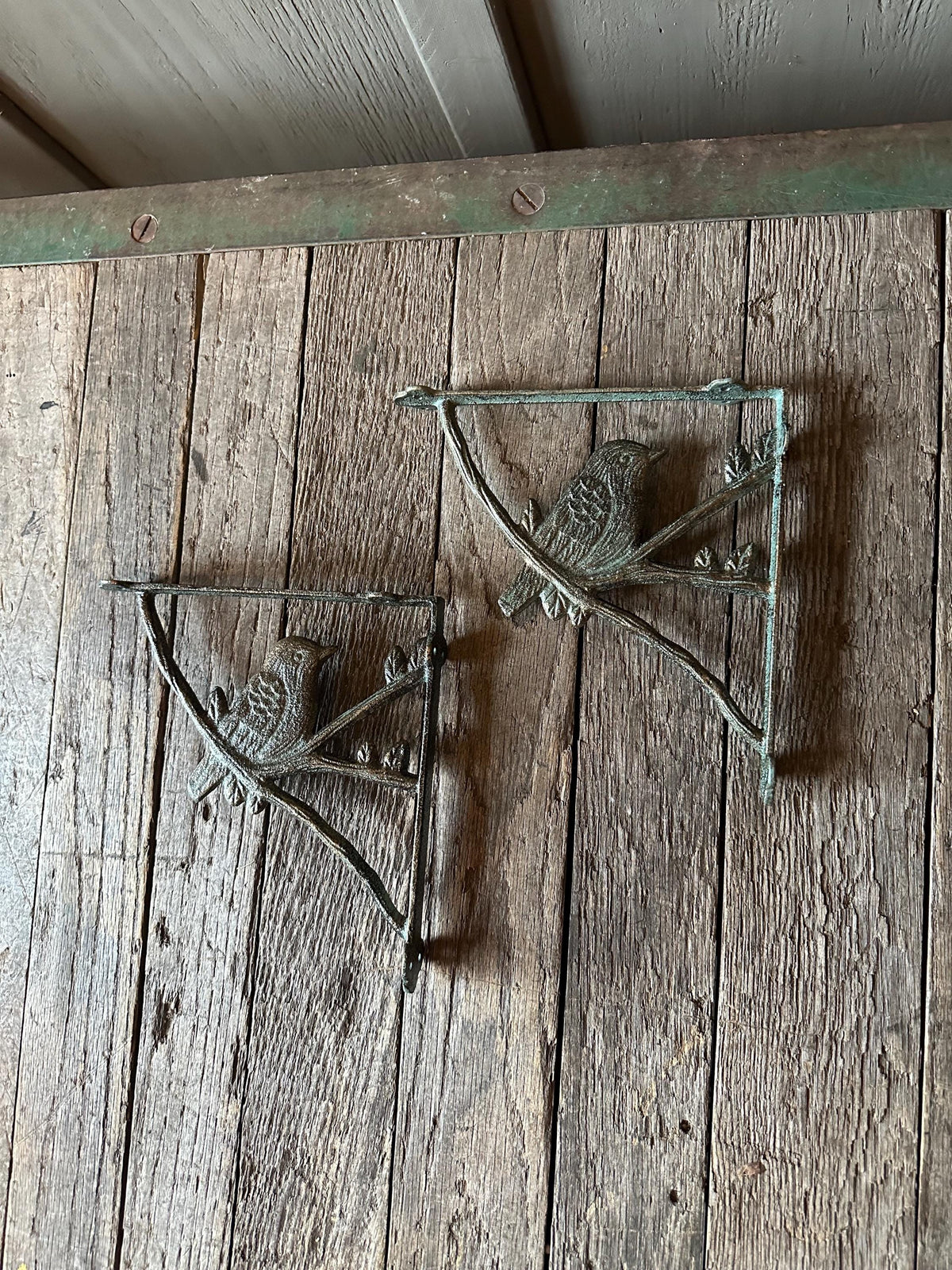 Set Of 2 - Cast Iron Verdigris Green Bird Brackets