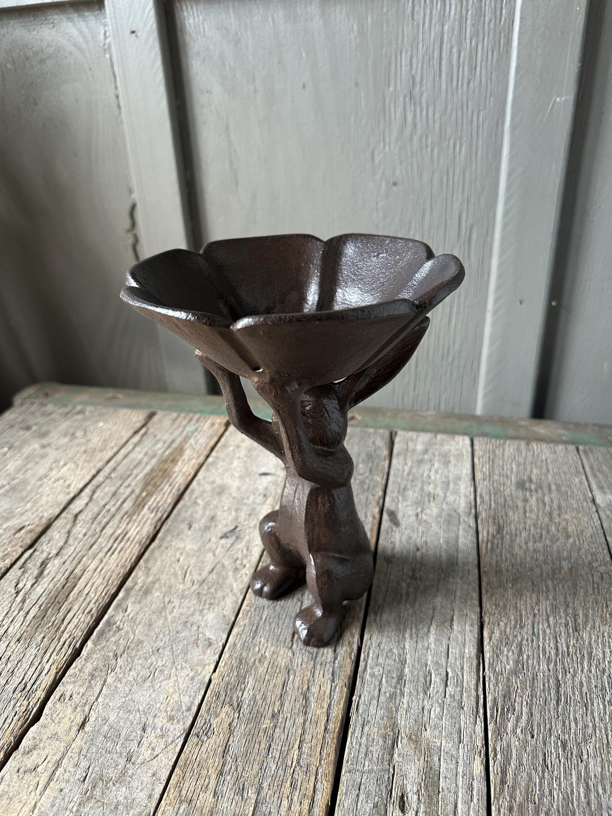 Cute 9” Large Rabbit Holding Bowl Cast Iron Bunny Bird Feeder