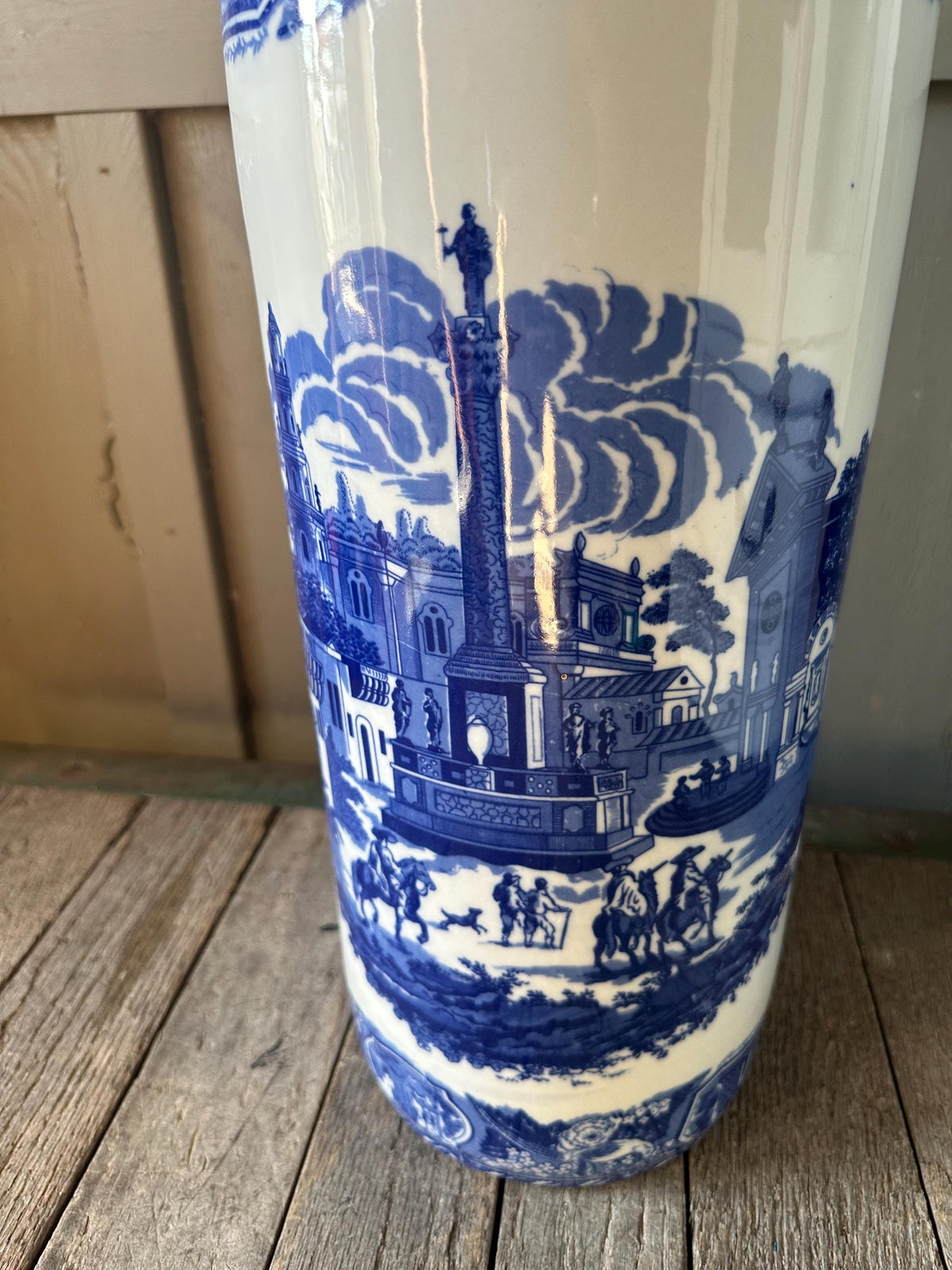 Beautiful Ironstone Umbrella Stick Stand White Blue Townscape Motif 18” Flo Blue