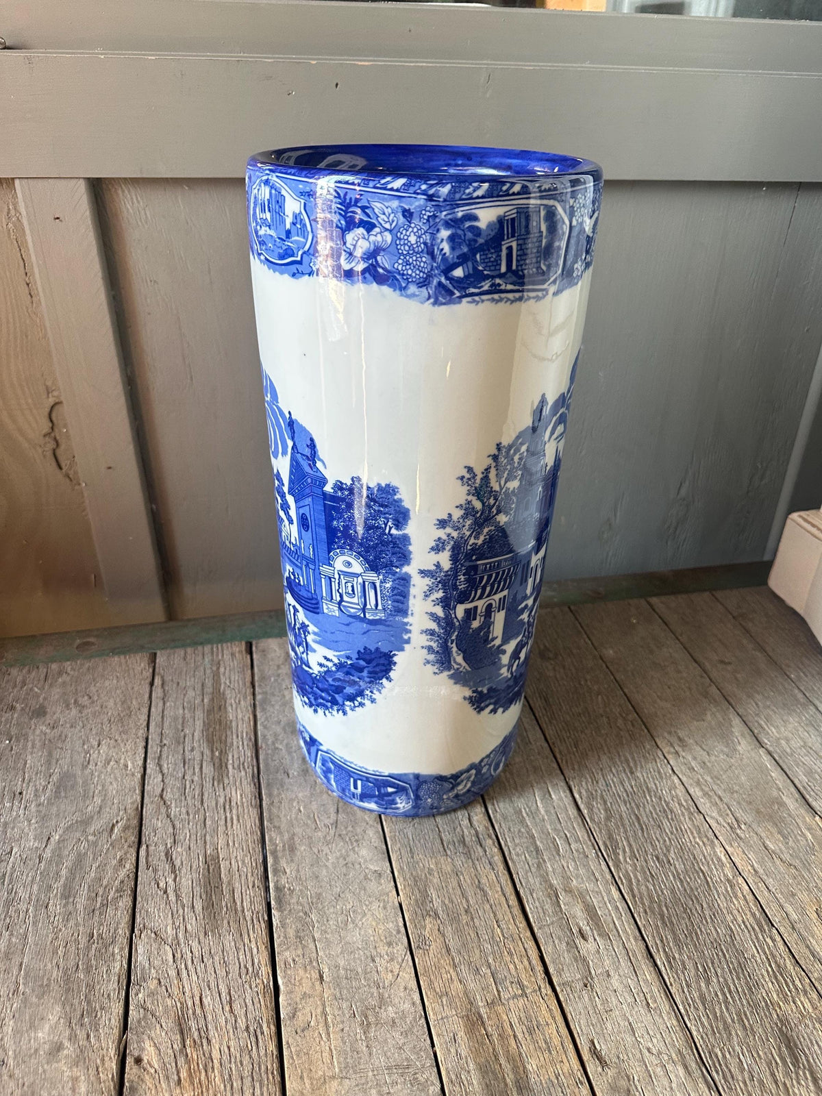 Beautiful Ironstone Umbrella Stick Stand White Blue Townscape Motif 18” Flo Blue