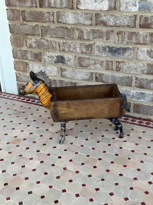 Rustic Primitive Metal Horse Farmhouse Decor Vintage Wooden Brick Mold Box Tray Planter Bowl Bucket Cute Pony