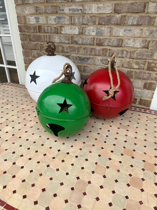 Set Of 3 - HUGE Over-Sized Hanging Christmas Ornament Bells Red Green White