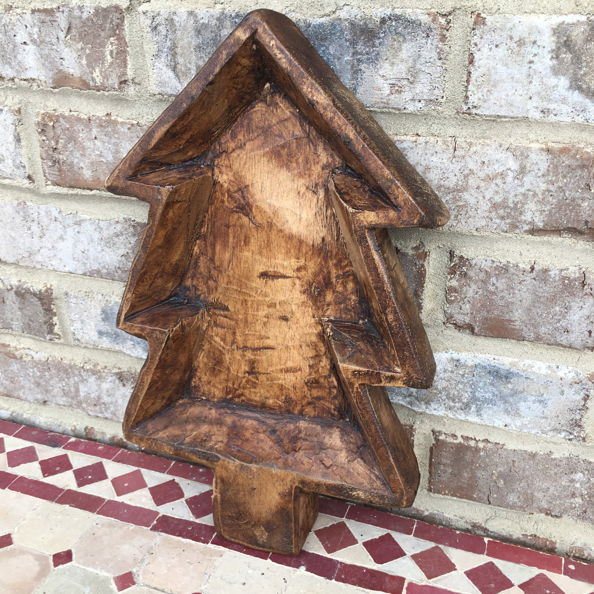 Hand-Carved Wooden Christmas Tree Bowl Holiday Decor Display Farmhouse Rustic