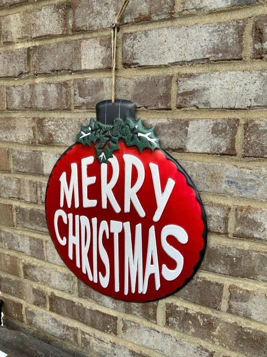 Large 14” Hanging Red Metal Merry Christmas Sign Door Hanger Decoration Ornament Round