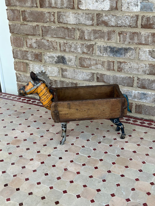 Rustic Primitive Metal Horse Farmhouse Decor Vintage Wooden Brick Mold Box Tray Planter Bowl Bucket Cute Pony
