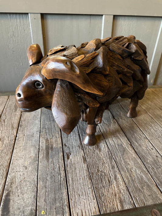 Large Incredible Teak Wood Sheep Statue Goat Art Farm Cute Whimsical
