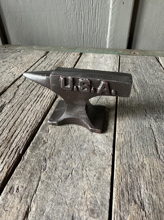 USA Double Sided Cast Iron Mini Anvil W/ Antique Finish & Raised Letters - Paperweight Statue Shelf Art America Patriotic