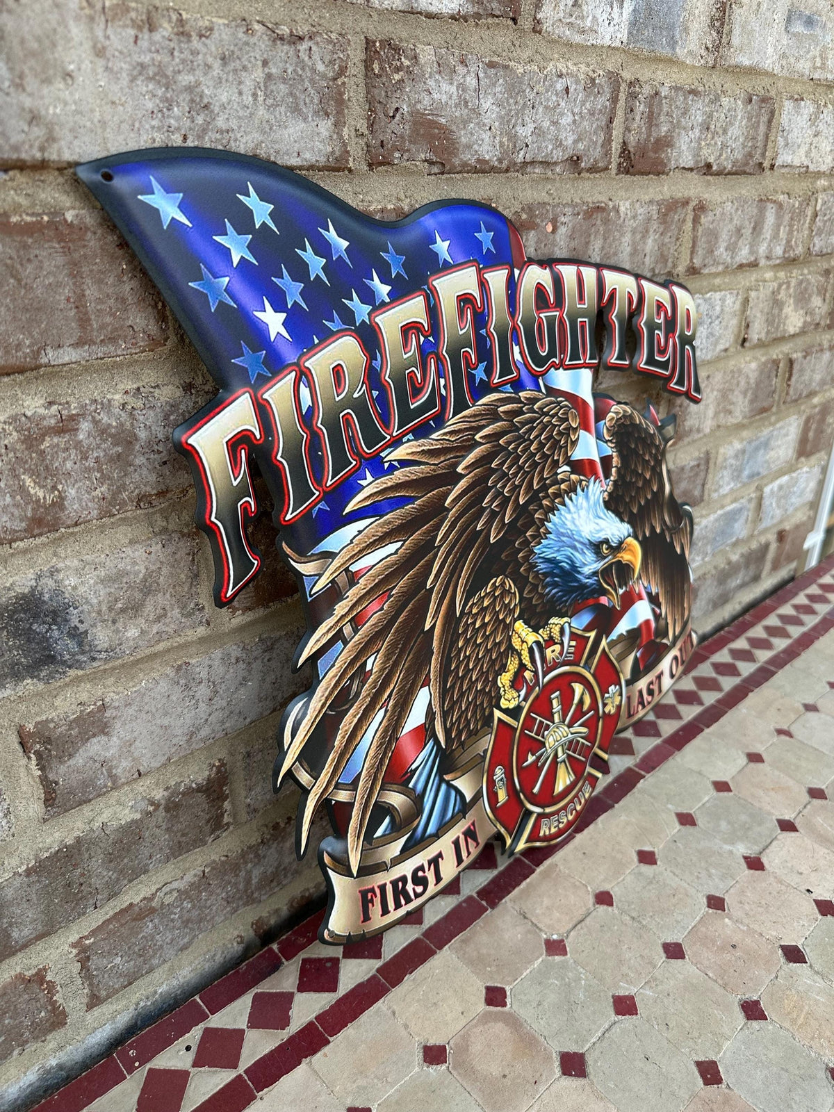 Metal Firefighter Bald Eagle Wall Art - First In Last Out