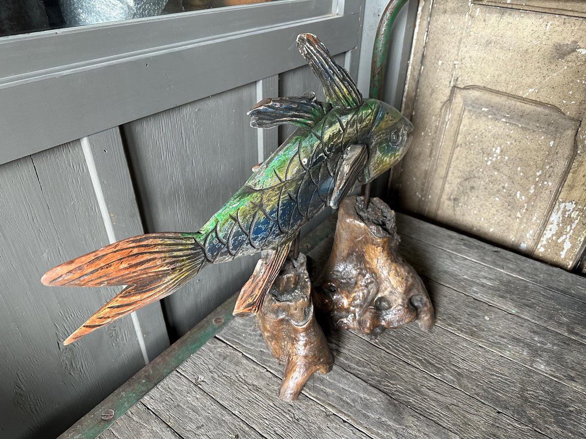 Large Hand-Carved Wooden Fish Statue Sculpture Rustic Chic Art Beach Lake House