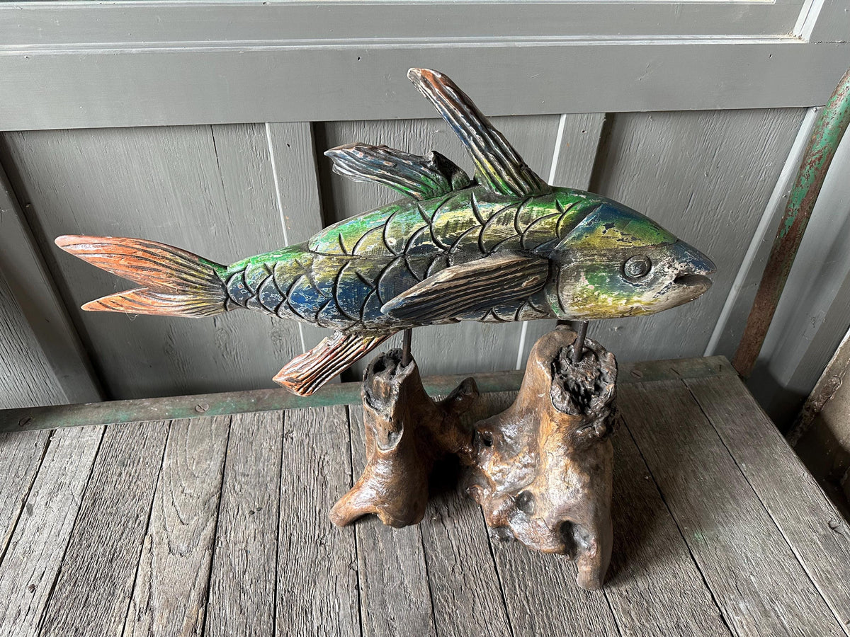 Large Hand-Carved Wooden Fish Statue Sculpture Rustic Chic Art Beach Lake House