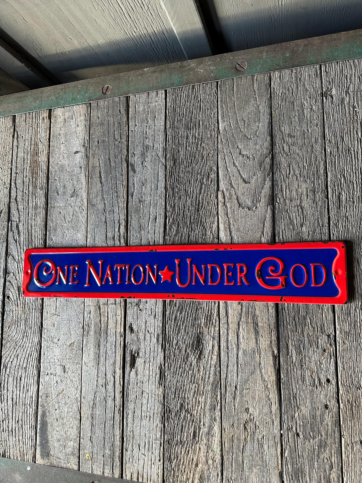 "One Nation Under God" Embossed Rustic Metal Sign
