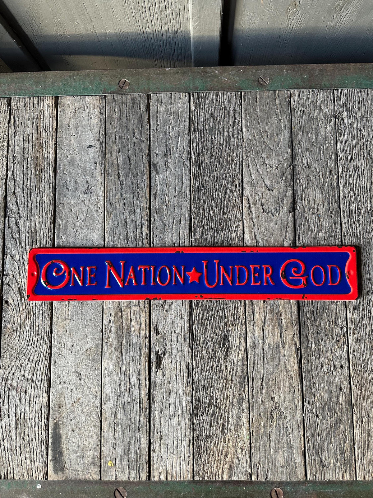 "One Nation Under God" Embossed Rustic Metal Sign