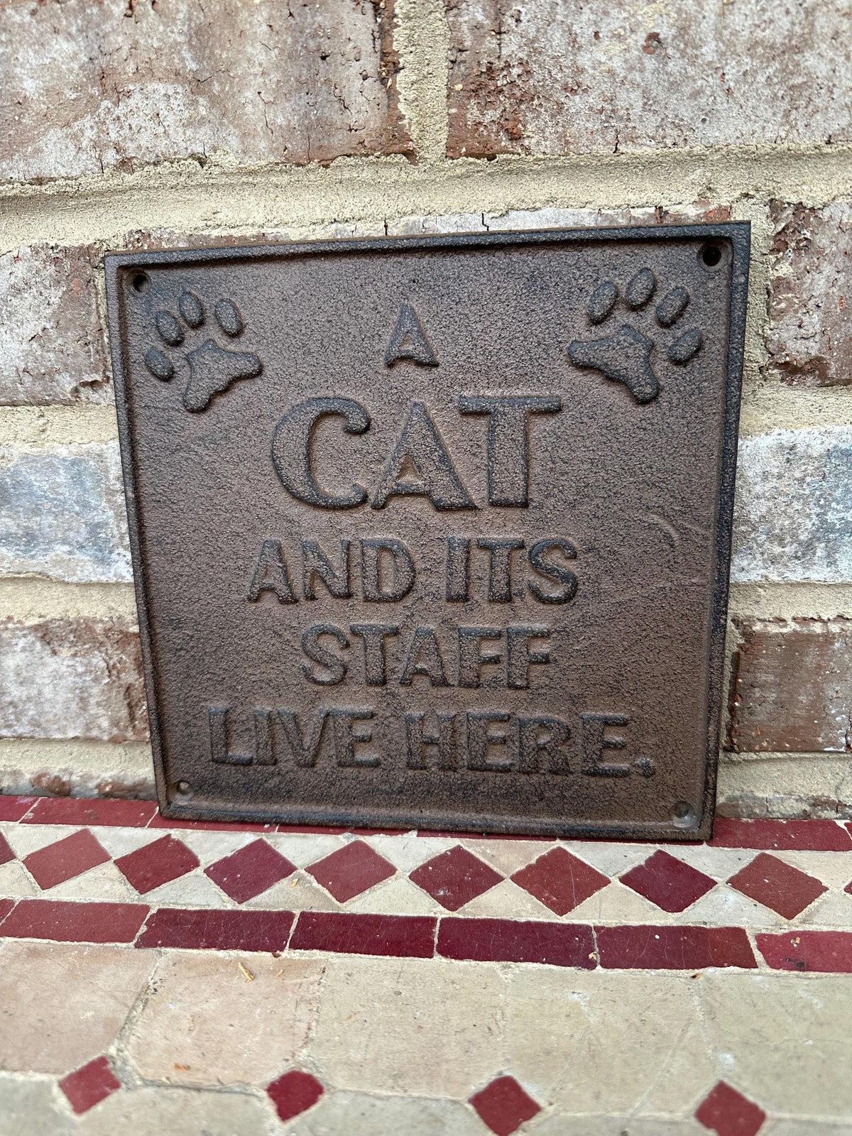 Cat And Its Staff Live Here 8”x8” Large Cast Iron Plaque Wall Art