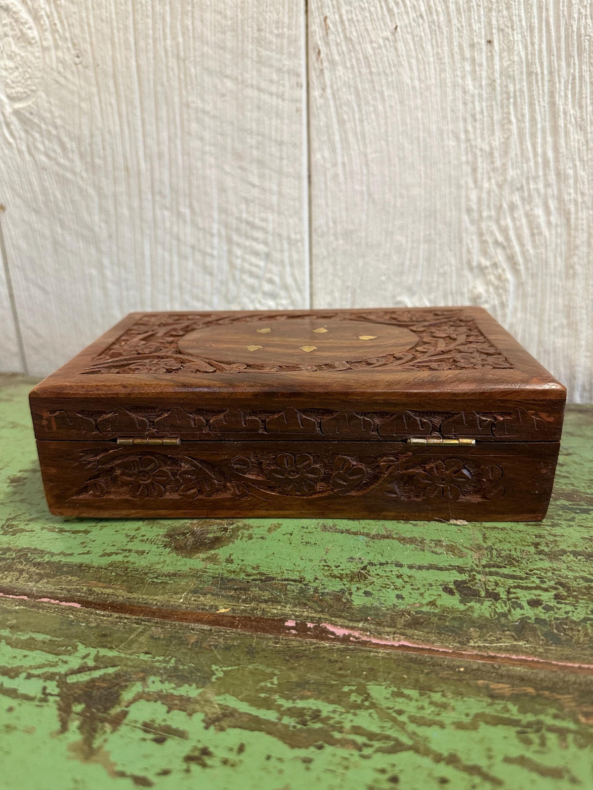 Hand-Carved Brass Inlaid 8”x5” Wooden Trinket Box