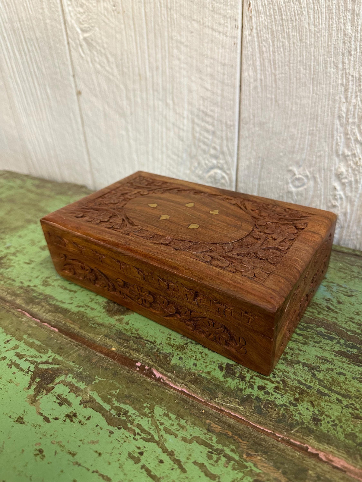 Hand-Carved Brass Inlaid 8”x5” Wooden Trinket Box