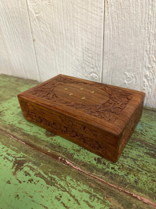 Hand-Carved Brass Inlaid 8”x5” Wooden Trinket Box