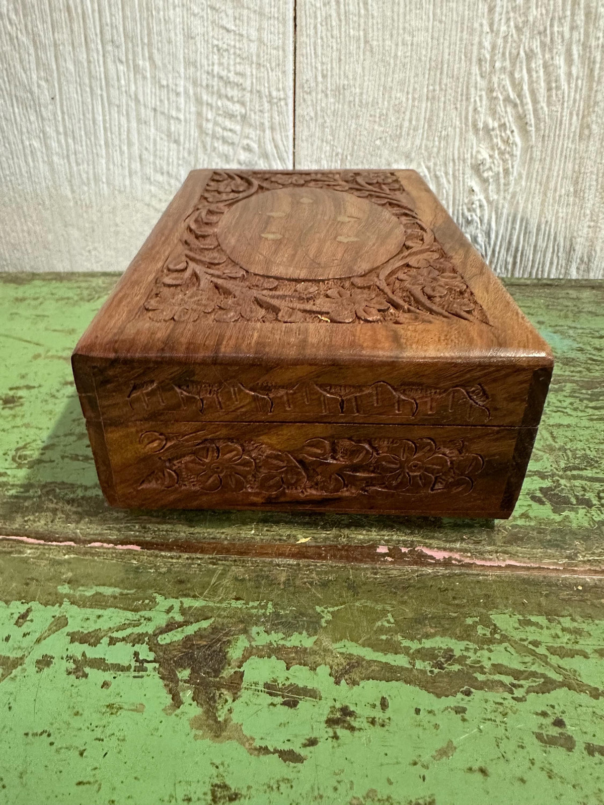 Hand-Carved Brass Inlaid 8”x5” Wooden Trinket Box