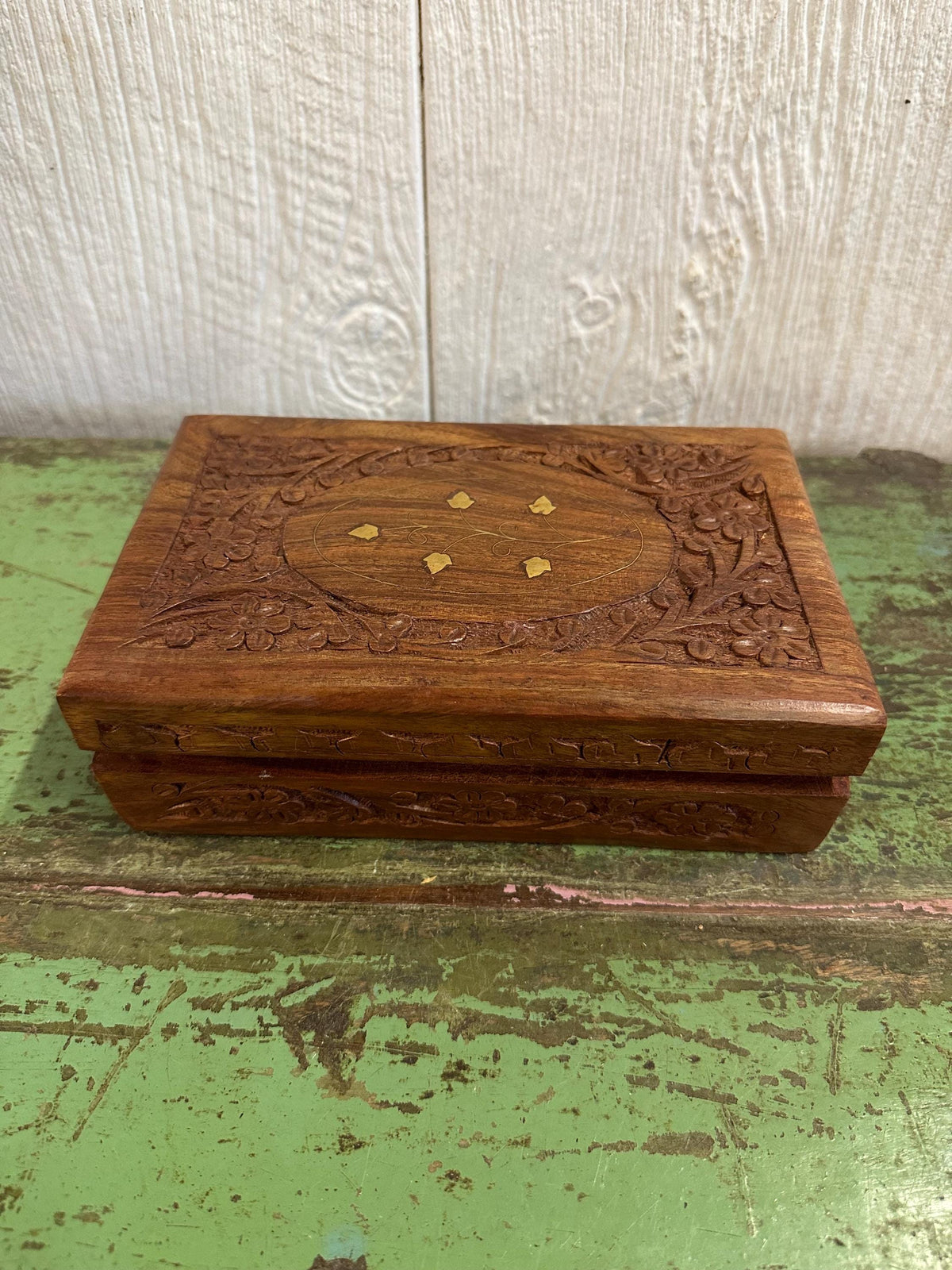 Hand-Carved Brass Inlaid 8”x5” Wooden Trinket Box