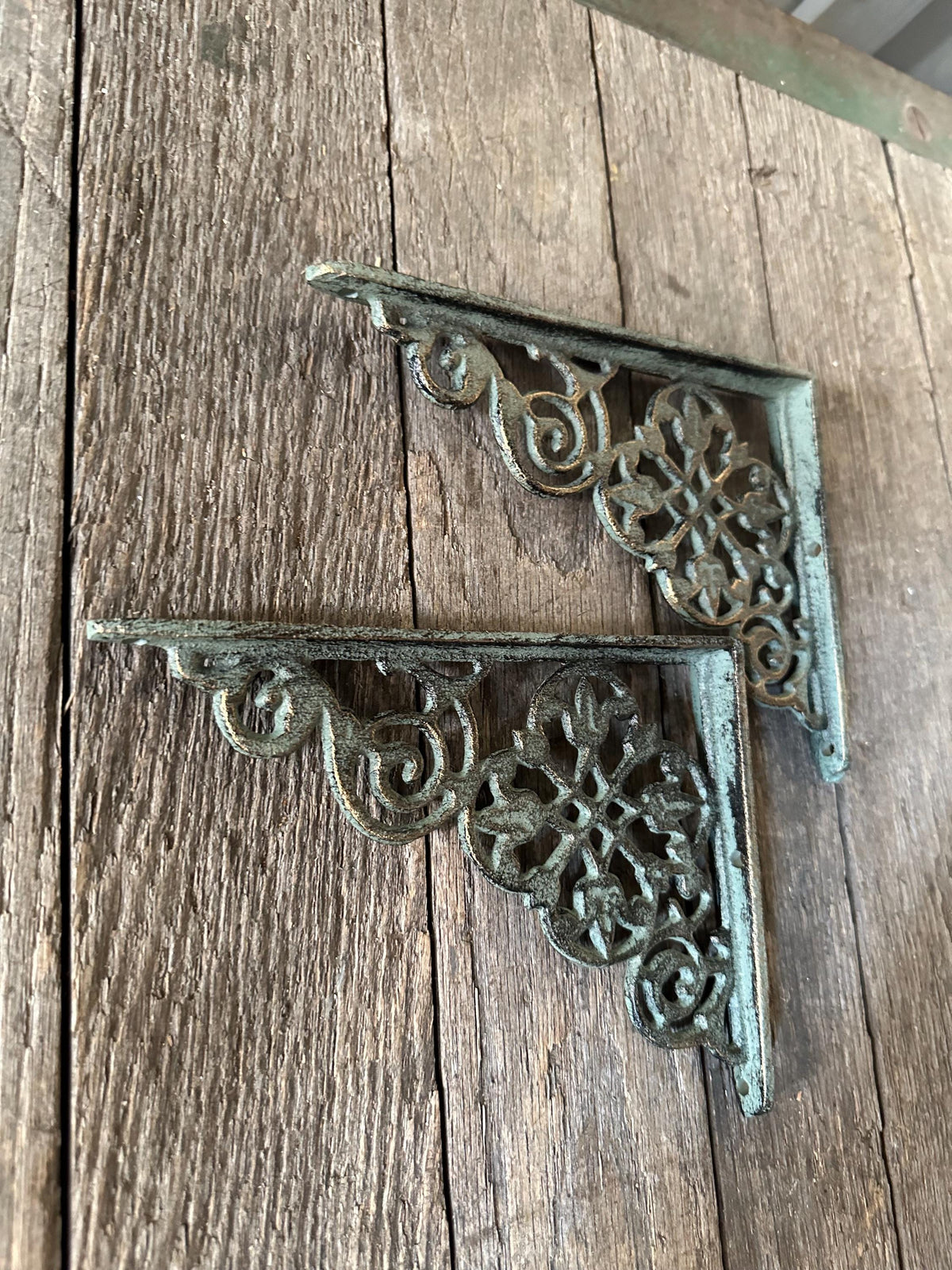 Set Of 2 - Verdigris Green Brackets With Tulip Motif Flower Floral Brace