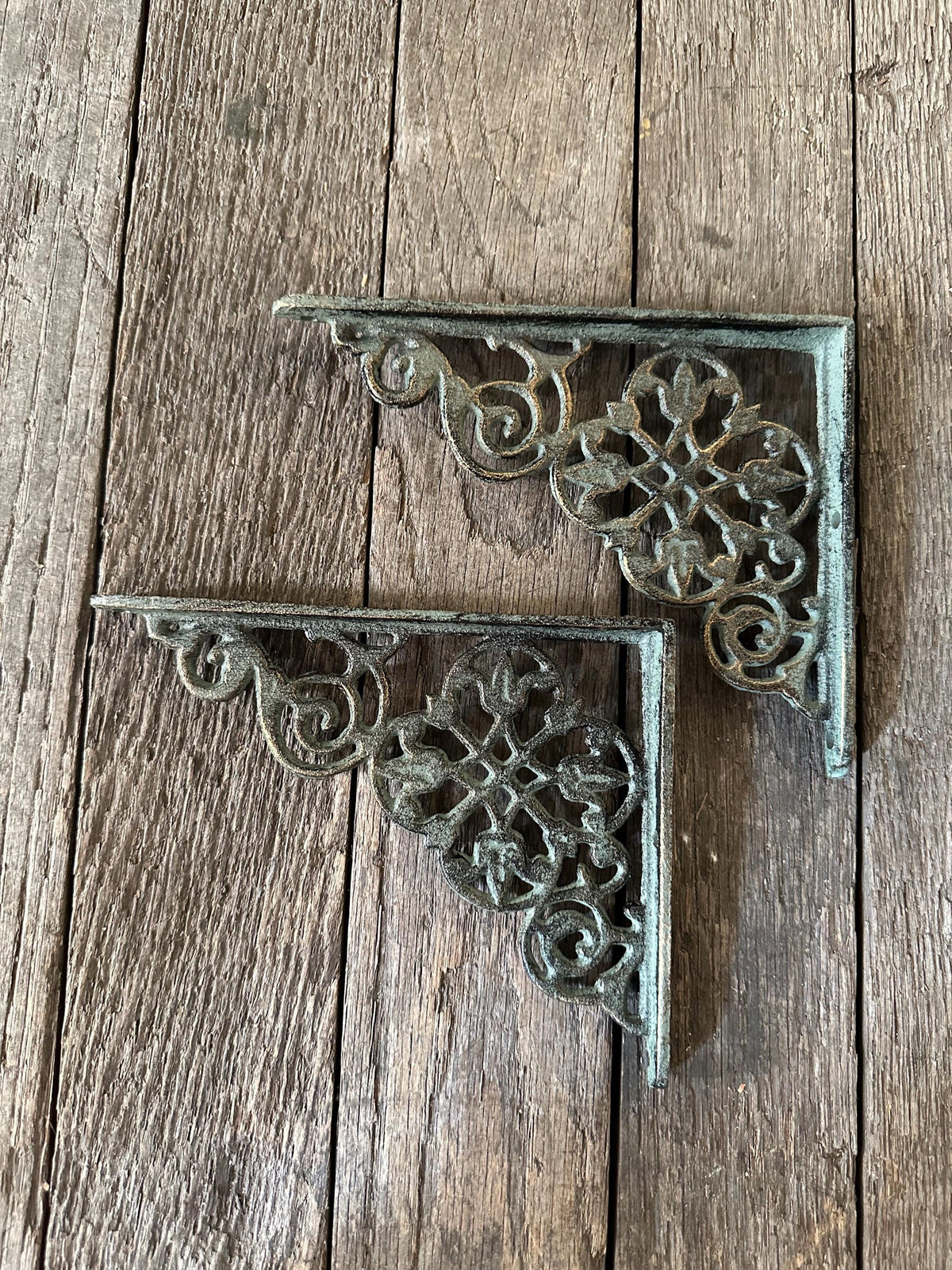 Set Of 2 - Verdigris Green Brackets With Tulip Motif Flower Floral Brace