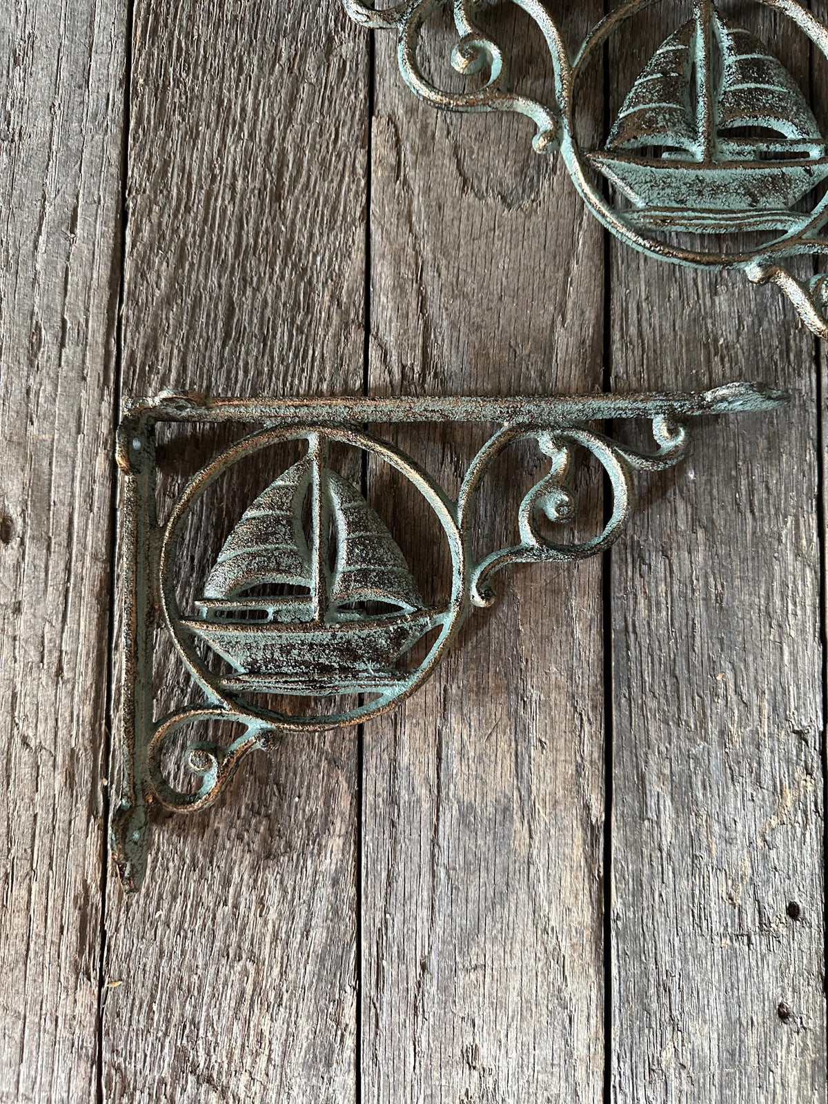 Set Of 2 Verdigris Green Cast Iron Sailboat Brackets