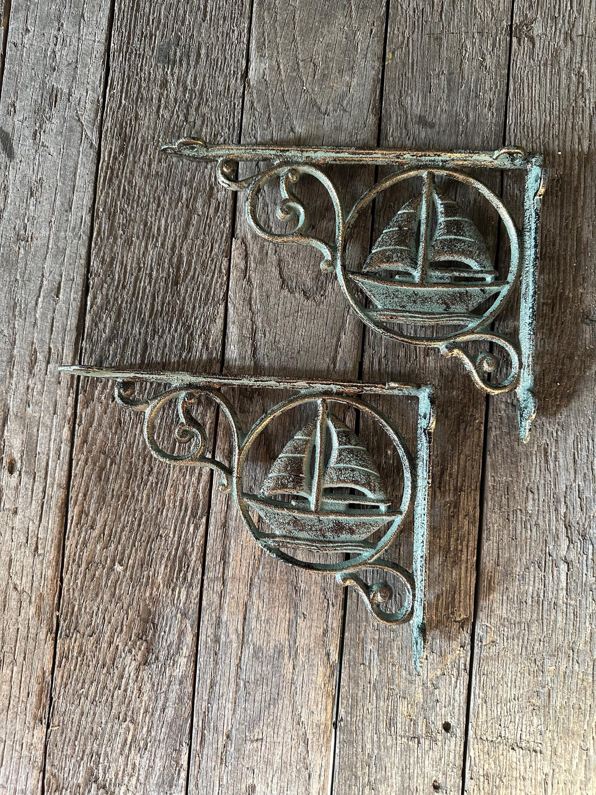 Set Of 2 Verdigris Green Cast Iron Sailboat Brackets