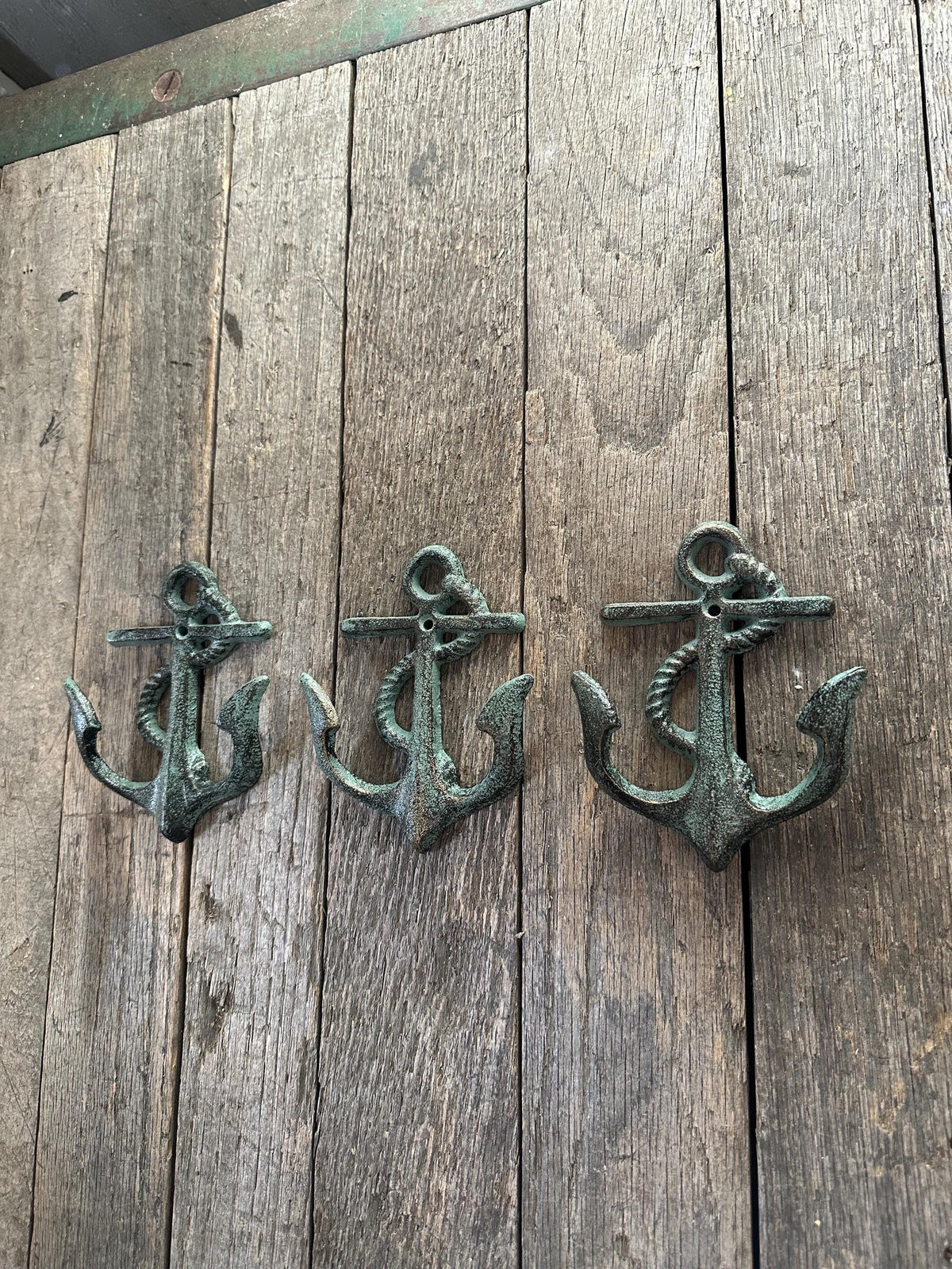 Set Of 3 Cast Iron Anchor Hanger Hooks - Beach Nautical Room Holder Towel Hat Key Coat Rack Double